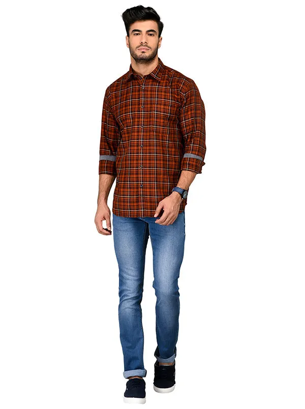 Rust Orange Checkered Slim Fit Casual Shirt | JadeBlue