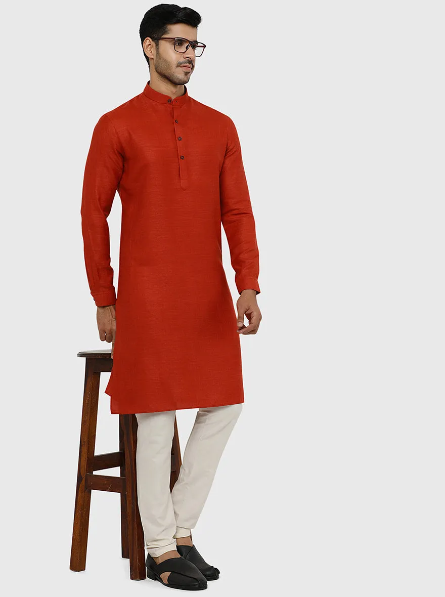 Rust Orange Self Textured Regular Fit Modi Kurta | JadeBlue