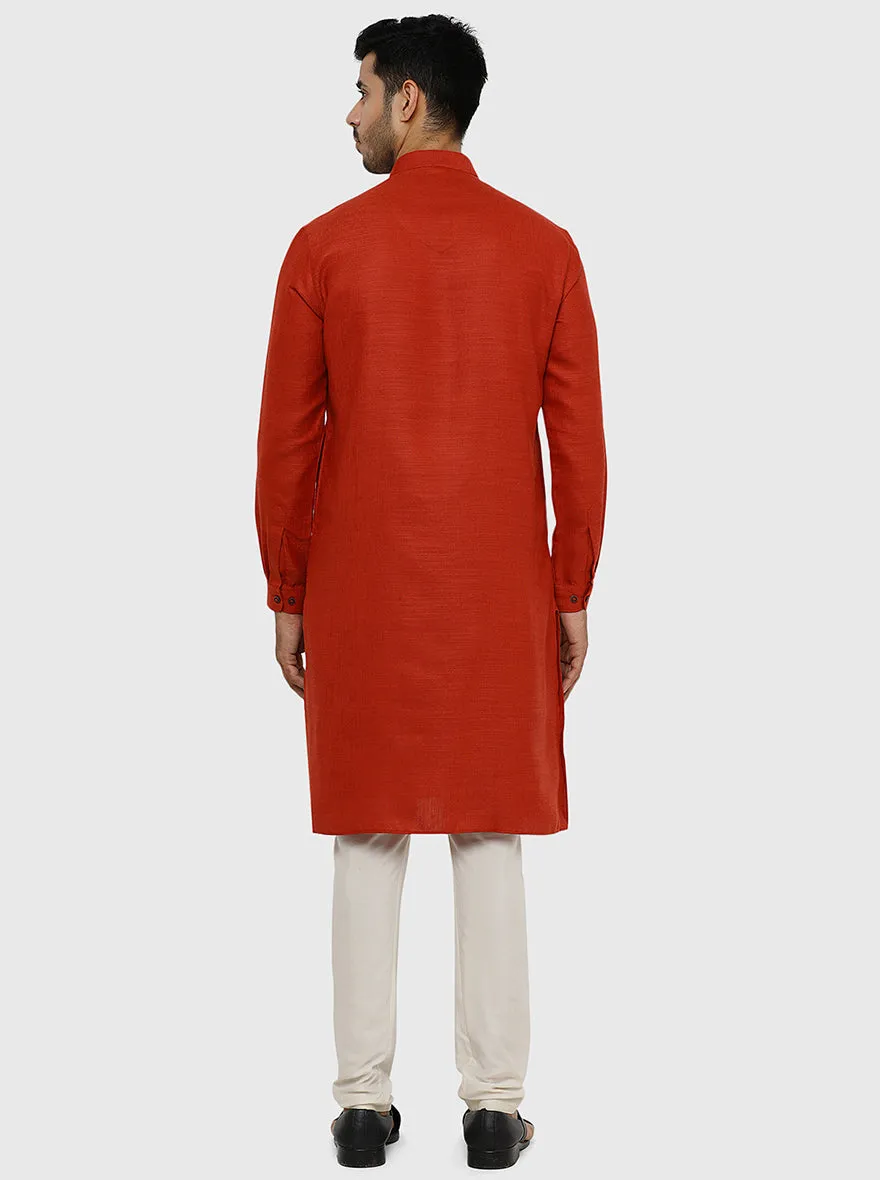 Rust Orange Self Textured Regular Fit Modi Kurta | JadeBlue