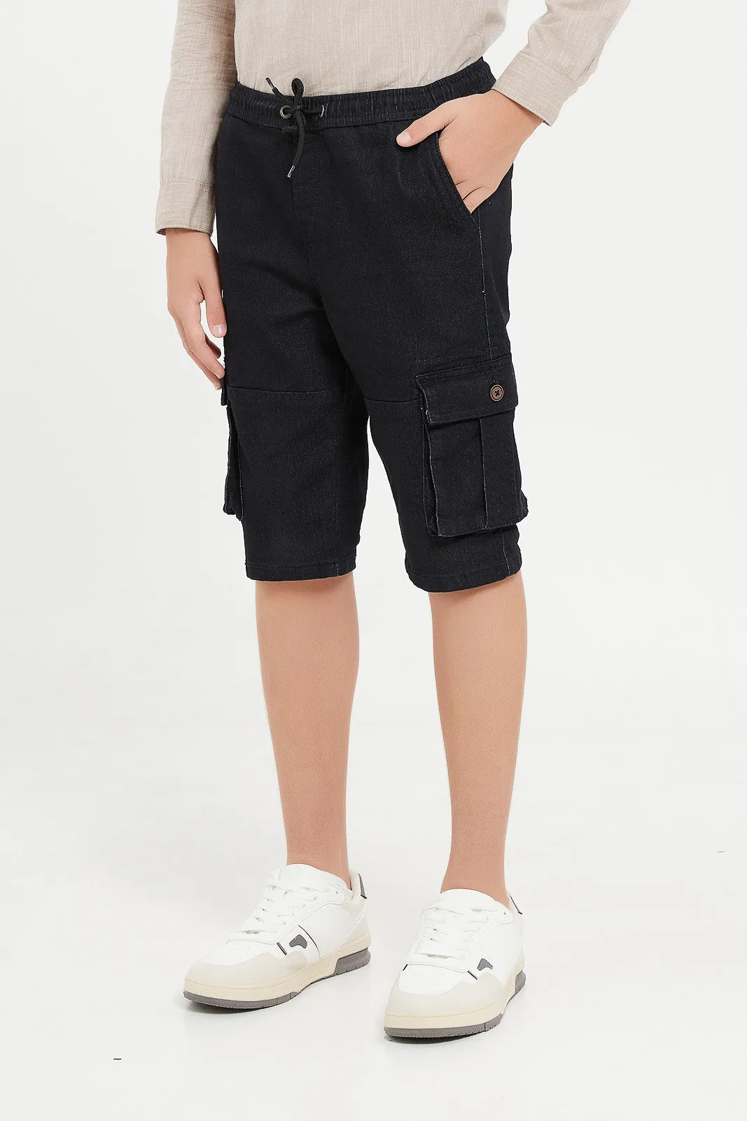 Senior Boys Black Cargo Denim Shorts