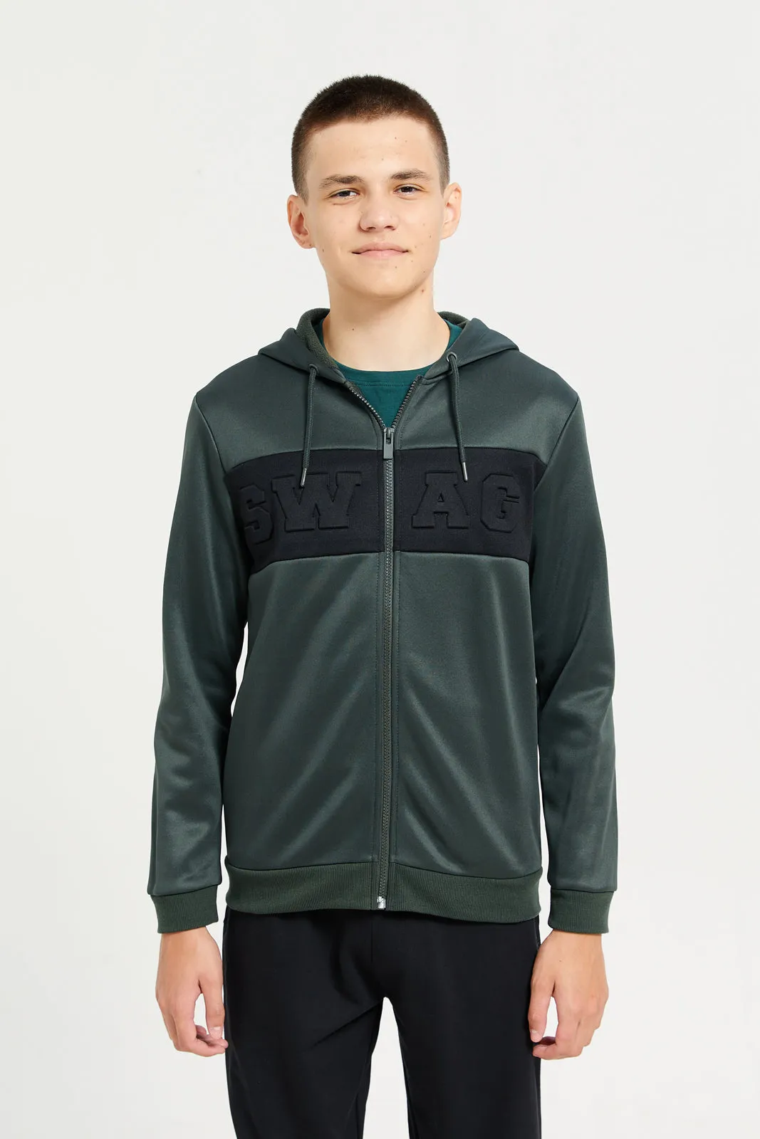 Senior Boys Olive Ziptrhu Hoody Sweatshirt