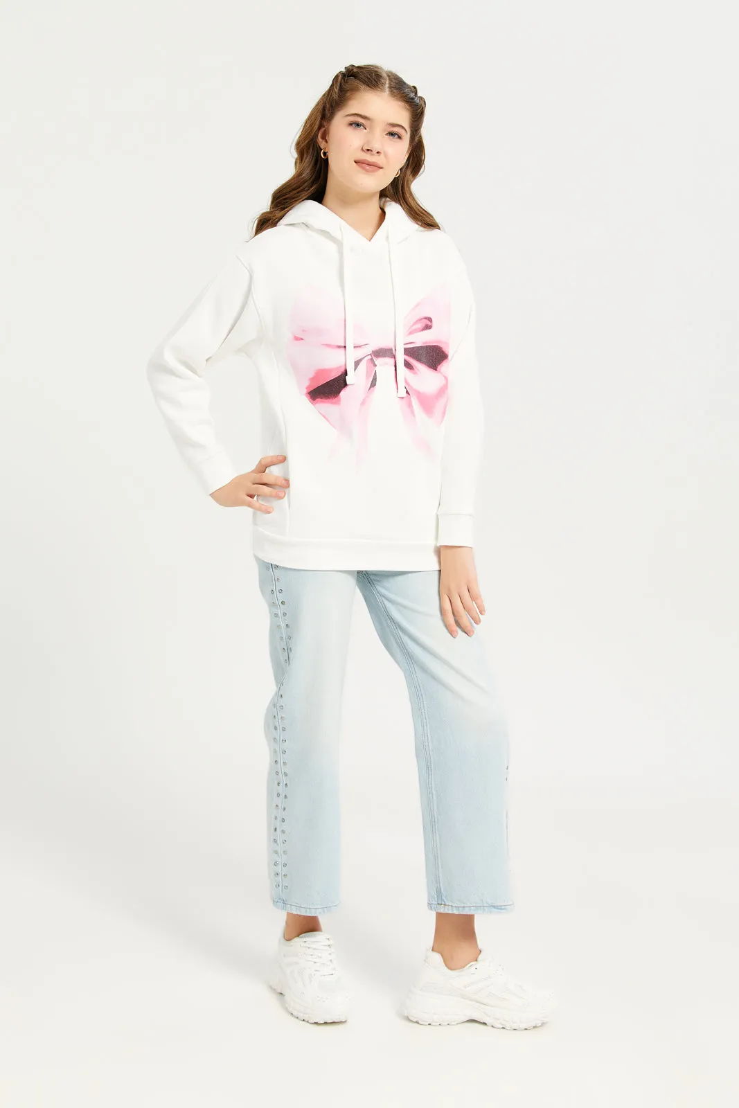 Senior Girls White Bow Printed Sweatshirt