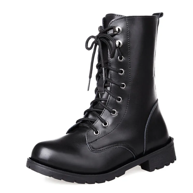 SH367 - Tube Black Lace-up Low Heel Martin Boots