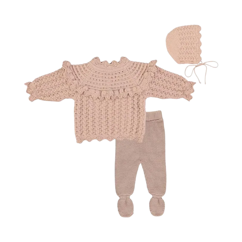 Silvia Sweater/Footed Legging/Bonnet SET -Dusty Pink