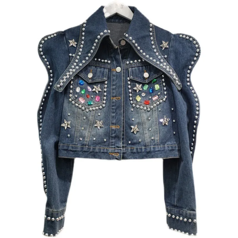 Spring Women Rivet Beaded Diamonds Slim Short Jeans Jacket Lapel Long Sleeve Single-breasted Blue Black Denim Jackets Streetwear