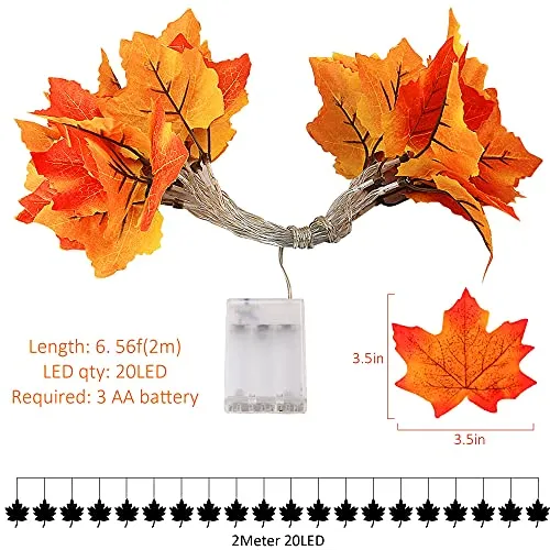 Thanksgiving Decoration Fall Lights - Maple Leaves String Lights - 20 LED 11ft Battery Operated Light - 4 Pack