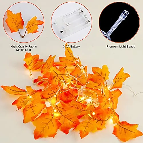 Thanksgiving Decoration Fall Lights - Maple Leaves String Lights - 20 LED 11ft Battery Operated Light - 4 Pack