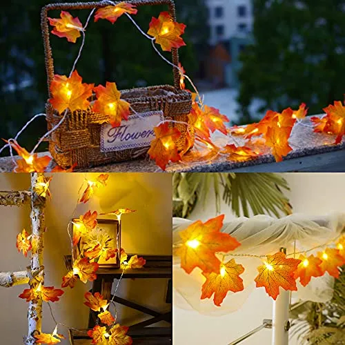 Thanksgiving Decoration Fall Lights - Maple Leaves String Lights - 20 LED 11ft Battery Operated Light - 4 Pack