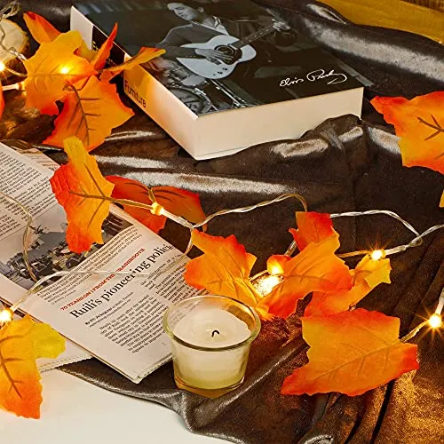 Thanksgiving Decoration Fall Lights - Maple Leaves String Lights - 20 LED 11ft Battery Operated Light - 4 Pack