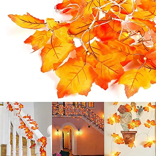 Thanksgiving Decoration Fall Lights - Maple Leaves String Lights - 20 LED 11ft Battery Operated Light - 4 Pack