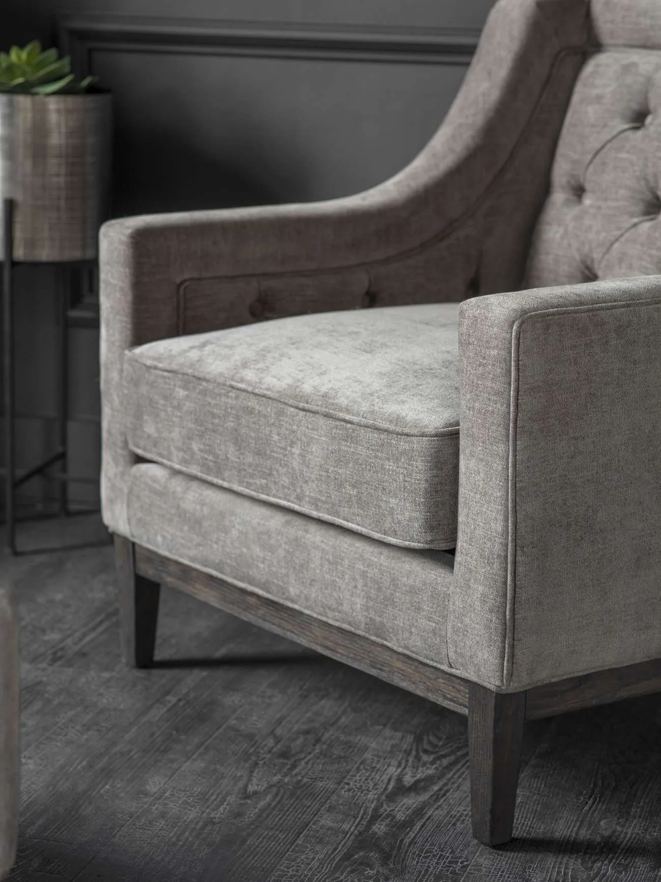 Theodore Buttoned Armchair in Warm Grey Fabric