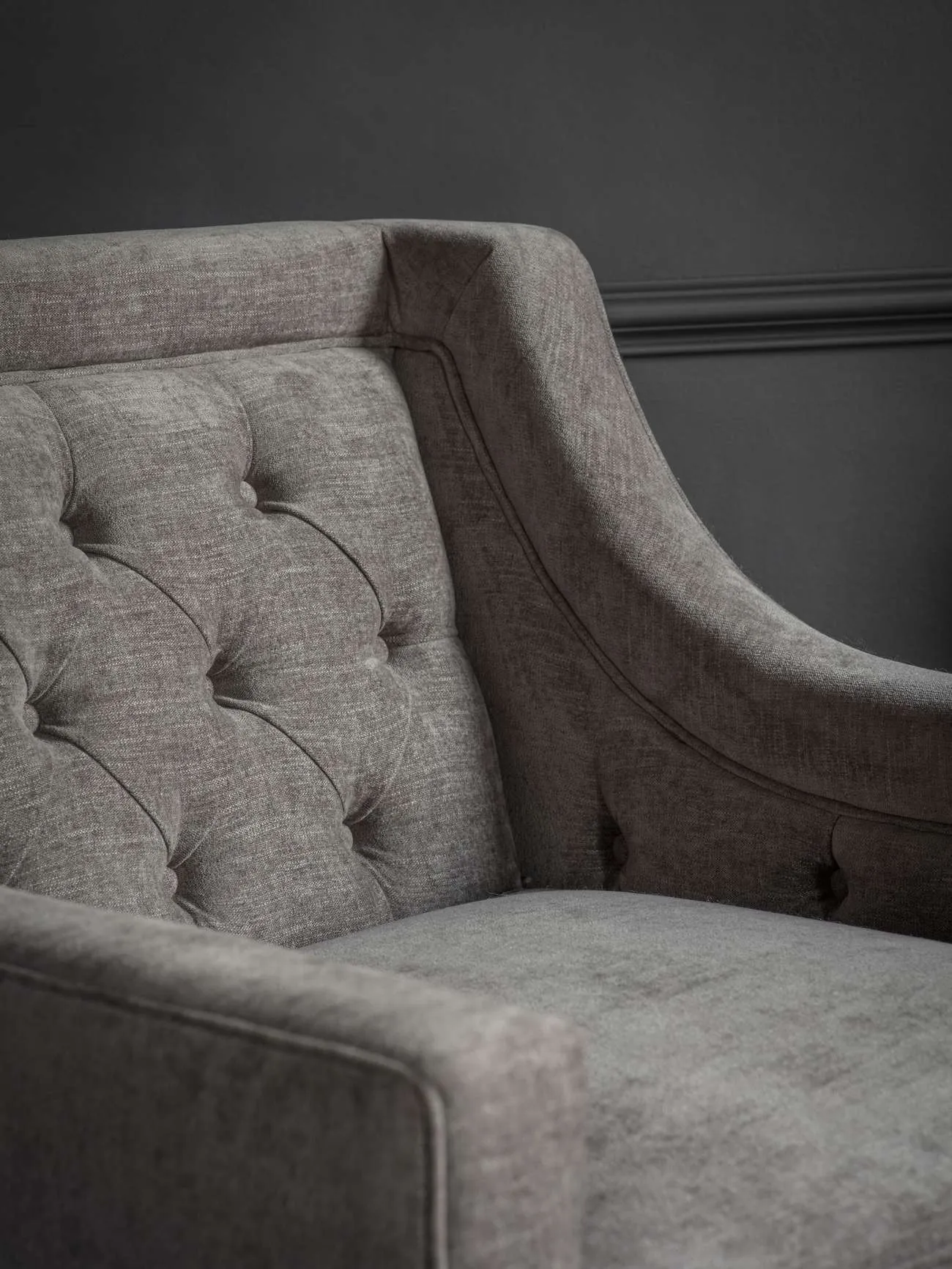 Theodore Buttoned Armchair in Warm Grey Fabric