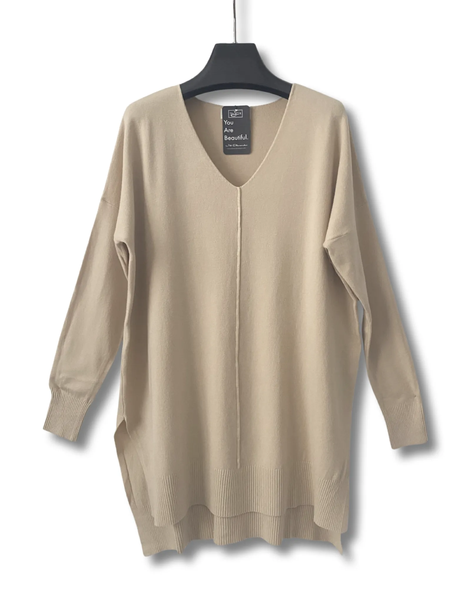 V-Neck Center Seam Viscose Sweater in Sand