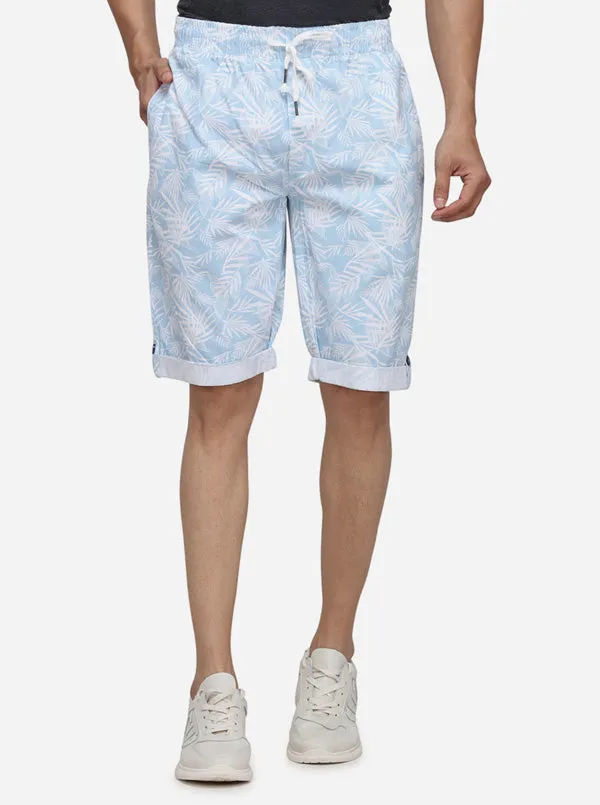 White & Sky Blue Printed Regular Fit Capri | JadeBlue