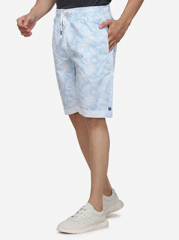 White & Sky Blue Printed Regular Fit Capri | JadeBlue