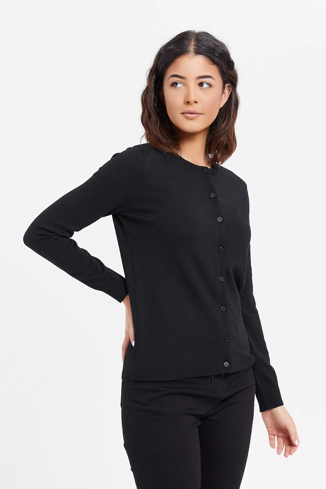 Women Black Crew Neck Cardigan