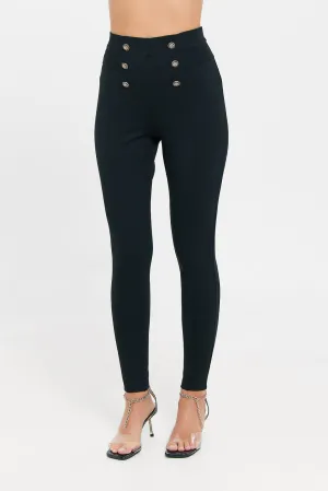 Women Black Front Button Details Legging