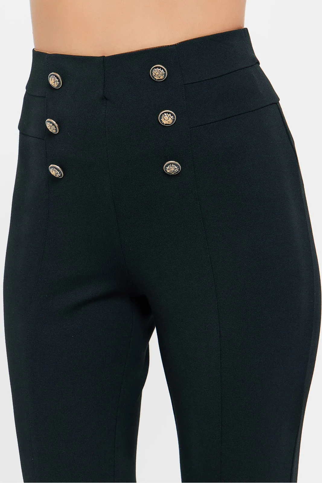 Women Black Front Button Details Legging