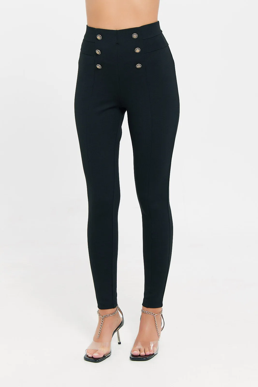 Women Black Front Button Details Legging