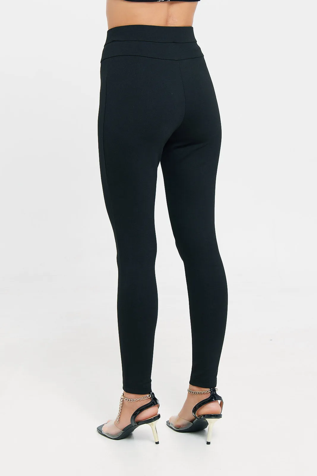 Women Black Front Button Details Legging