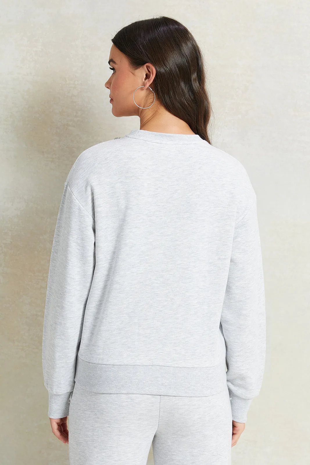 Women Grey Embellished Neck Sweatshirt