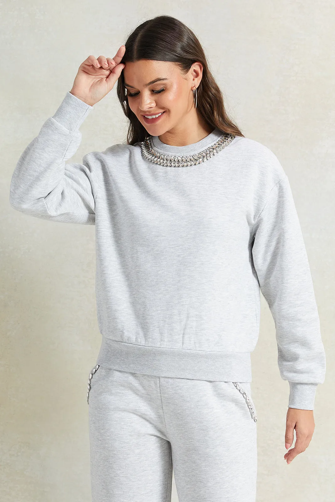 Women Grey Embellished Neck Sweatshirt