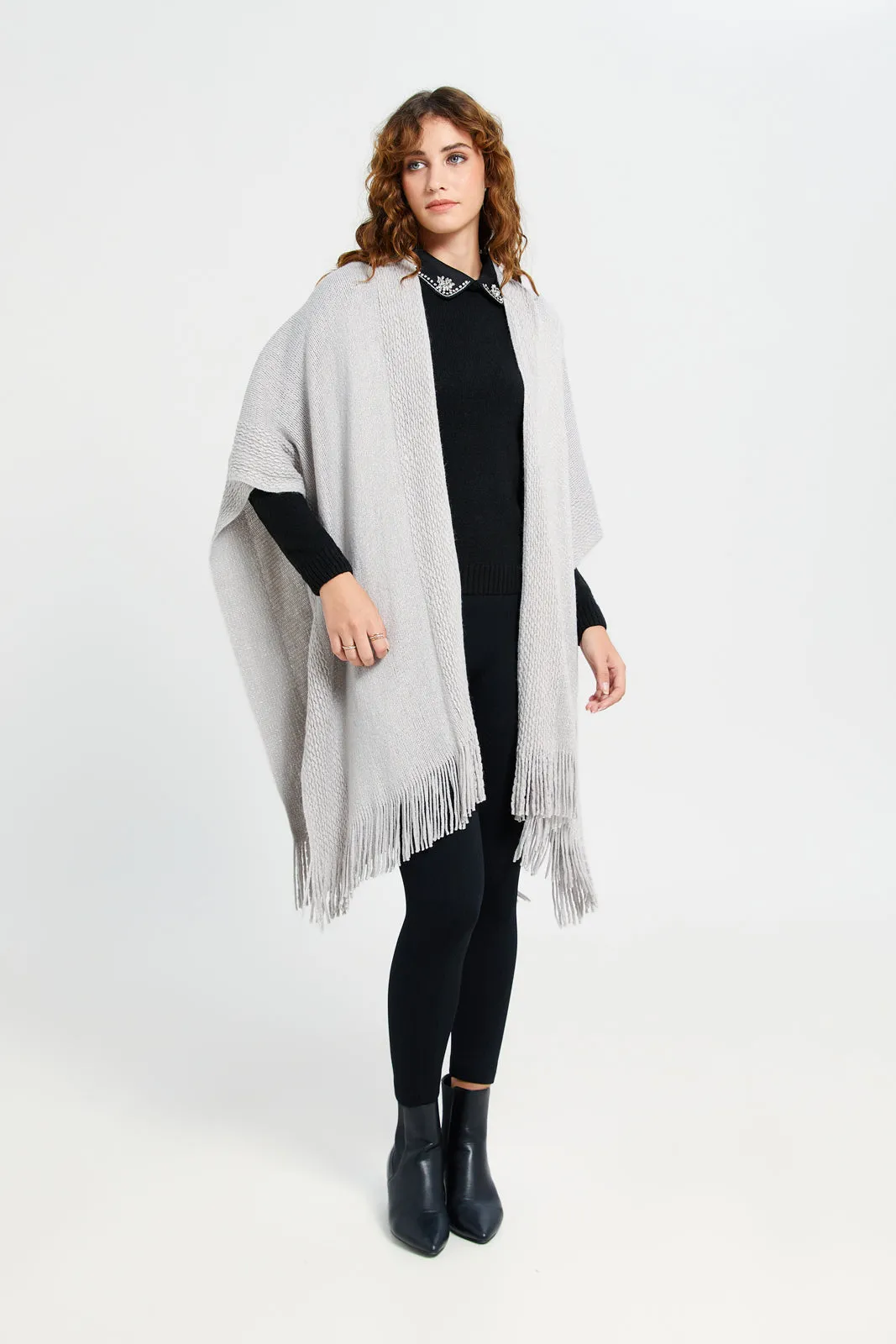 Women Grey Knitted Poncho