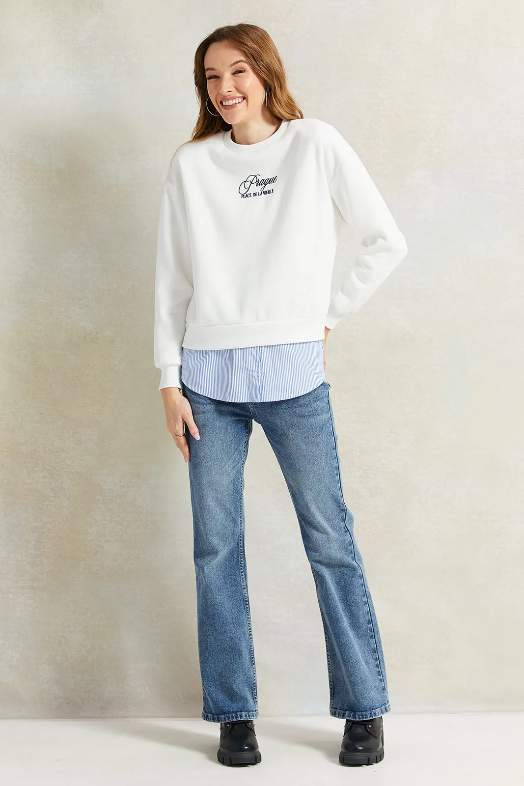 Women Ivory Printed Twofer Sweatshirt