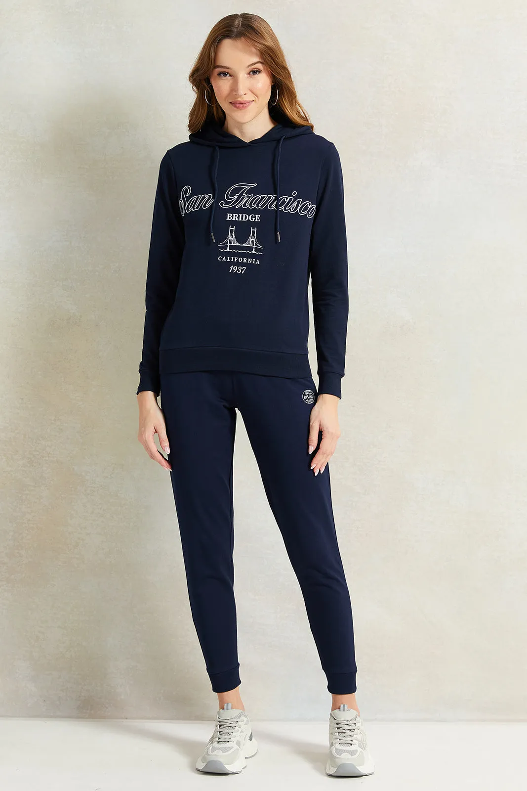 Women Navy Print Hooded Sweatshirt