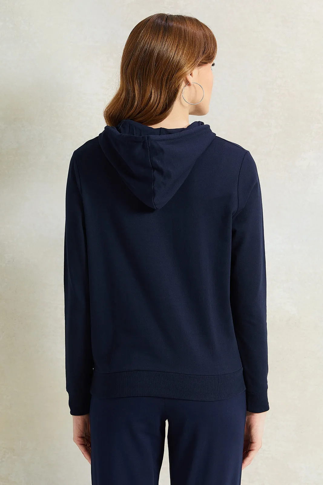 Women Navy Print Hooded Sweatshirt