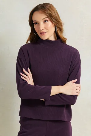 Women Purple Knitted High Neck Sweater