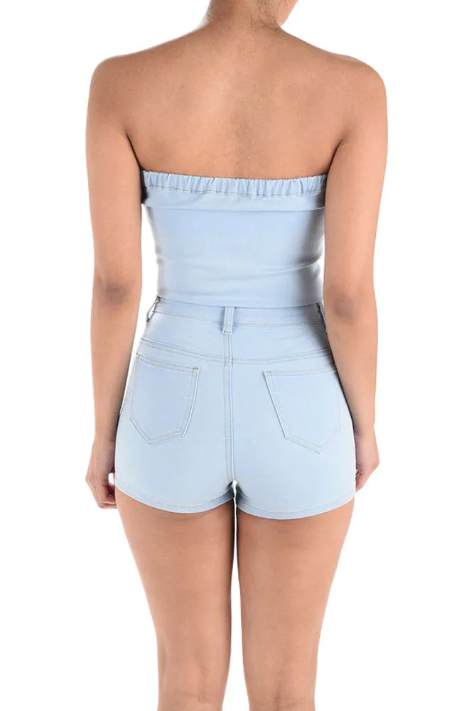 Women's Denim Strapless Zip Up Romper