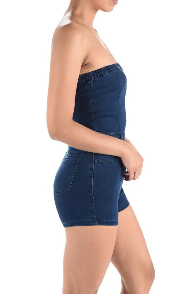 Women's Denim Strapless Zip Up Romper