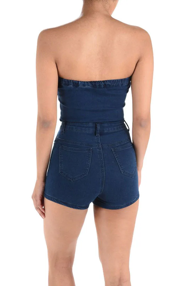 Women's Denim Strapless Zip Up Romper