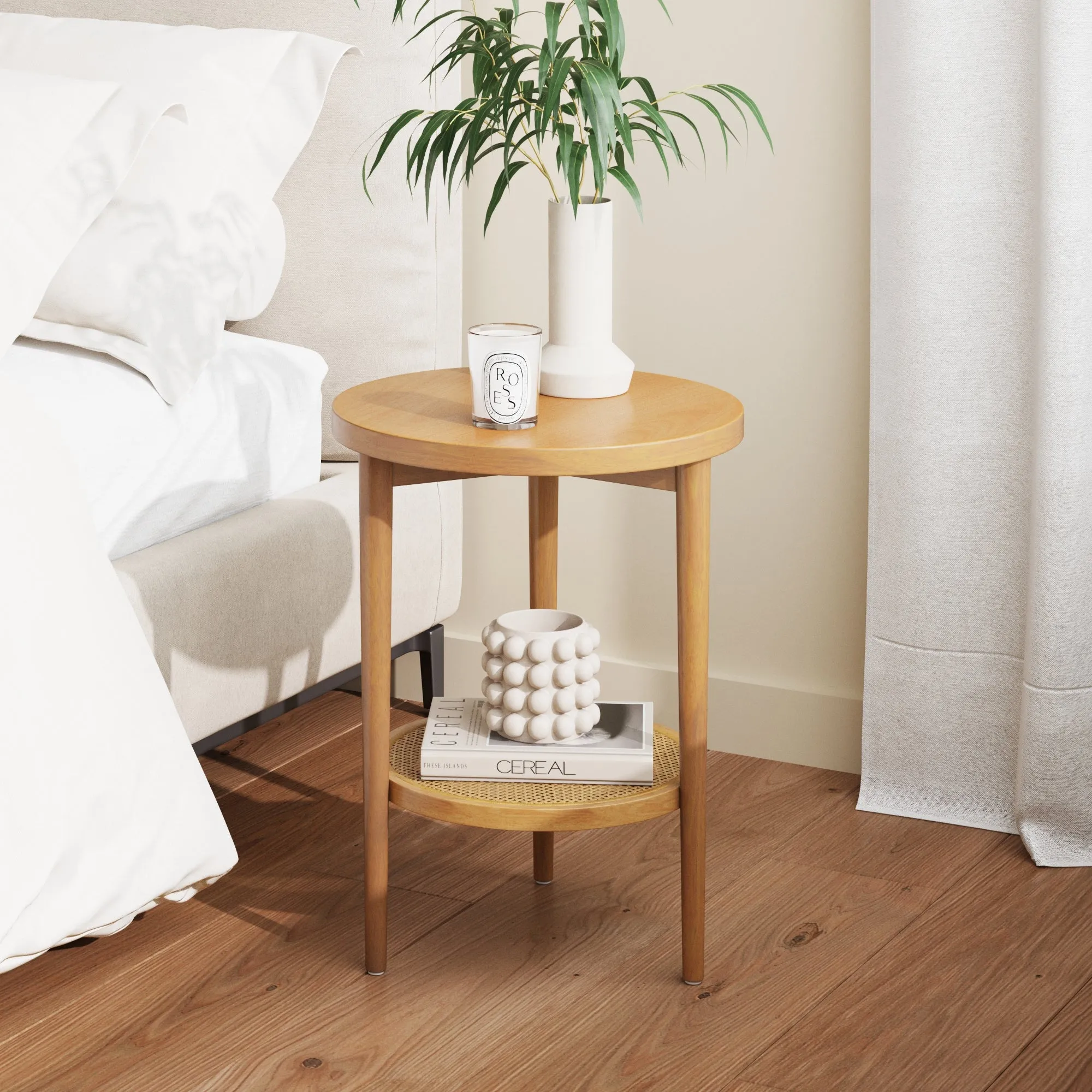 Wood & Rattan Round End Table Warm Pine